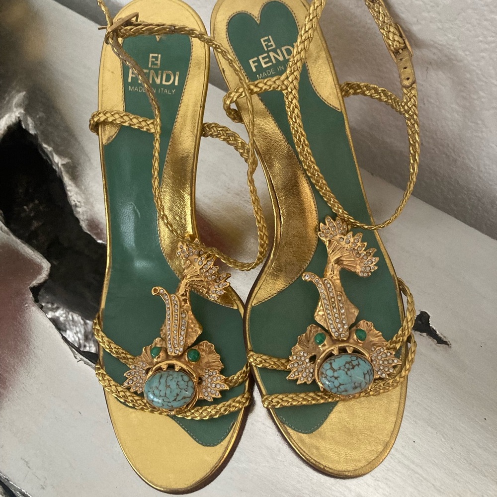 Vintage Fendi Gold and Green Embellished Heels 38.5